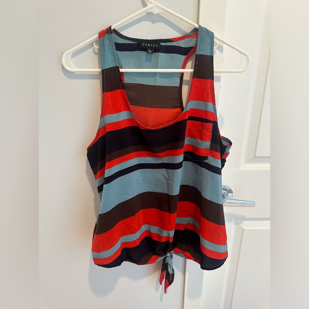 Timing Striped tie front racer back tank, size L